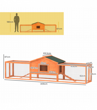 PawHut Wooden Rabbit Hutch Guinea Pig Hutch, Orange, 309 x 70 x 87cm