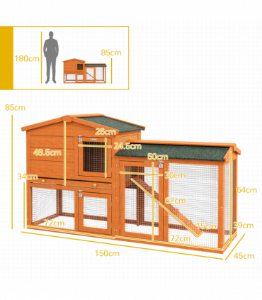 PawHut Wooden Rabbit Hutch with Run, Ramp, Slide-out Tray, Orange