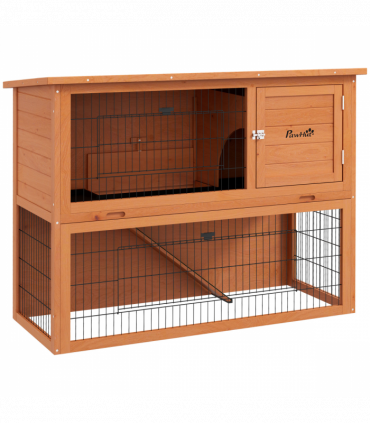 PawHut Wooden Rabbit Hutch, Antiseptic Outdoor, for 1-2 Rabbits - Orange