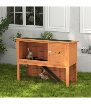 PawHut Wooden Rabbit Hutch, Antiseptic Outdoor, for 1-2 Rabbits - Orange
