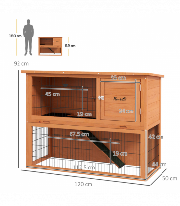 PawHut Wooden Rabbit Hutch, Antiseptic Outdoor, for 1-2 Rabbits - Orange