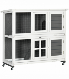 PawHut Wooden Rabbit Hutch, Small Animal House w/ Wheels, Removable Tray - Grey