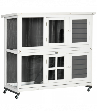 PawHut Wooden Rabbit Hutch, Small Animal House w/ Wheels, Removable Tray - Grey
