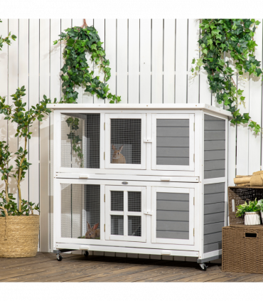 PawHut Wooden Rabbit Hutch, Small Animal House w/ Wheels, Removable Tray - Grey