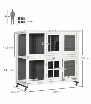 PawHut Wooden Rabbit Hutch, Small Animal House w/ Wheels, Removable Tray - Grey