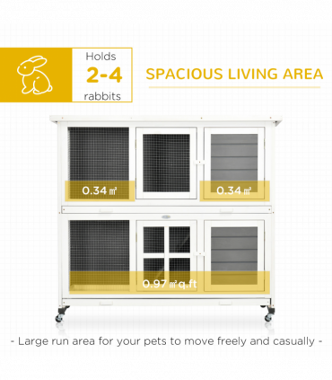 PawHut Wooden Rabbit Hutch, Small Animal House w/ Wheels, Removable Tray - Grey