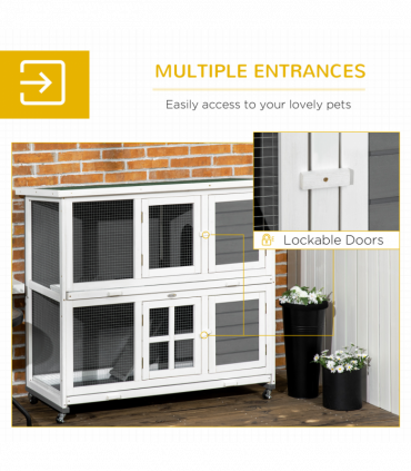 PawHut Wooden Rabbit Hutch, Small Animal House w/ Wheels, Removable Tray - Grey