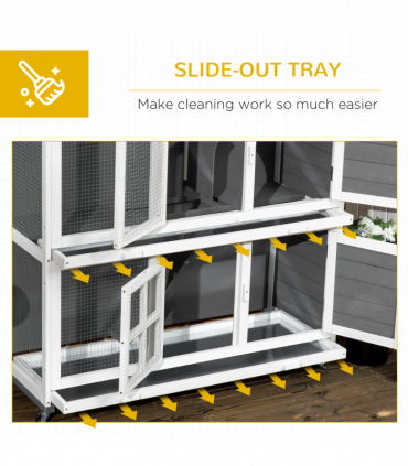 PawHut Wooden Rabbit Hutch, Small Animal House w/ Wheels, Removable Tray - Grey