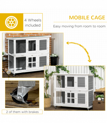 PawHut Wooden Rabbit Hutch, Small Animal House w/ Wheels, Removable Tray - Grey