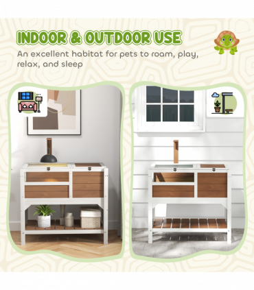 PawHut Wooden Tortoise House w/ Run, Shelter, Shelf, Lamp Holder - Brown