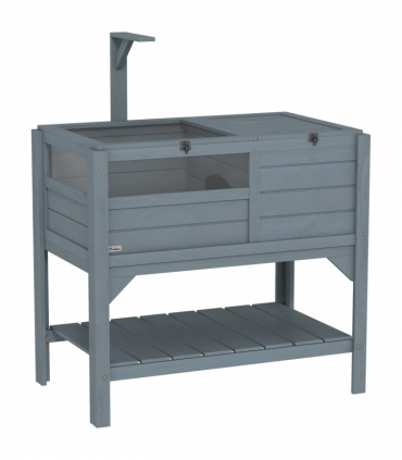 PawHut Wooden Tortoise House w/ Run, Shelter, Shelf, Lamp Holder, Grey