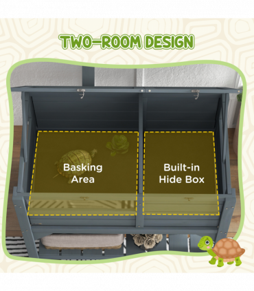 PawHut Wooden Tortoise House w/ Run, Shelter, Shelf, Lamp Holder, Grey