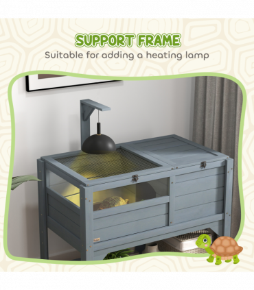 PawHut Wooden Tortoise House w/ Run, Shelter, Shelf, Lamp Holder, Grey