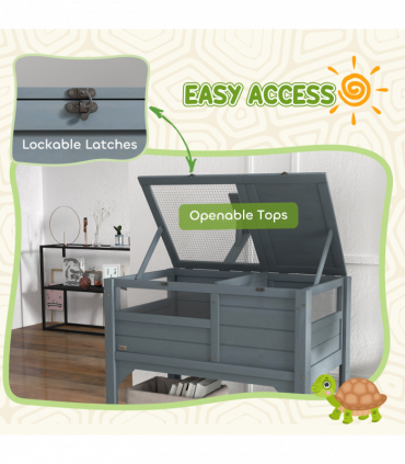 PawHut Wooden Tortoise House w/ Run, Shelter, Shelf, Lamp Holder, Grey
