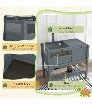 PawHut Wooden Tortoise House w/ Run, Shelter, Shelf, Lamp Holder, Grey