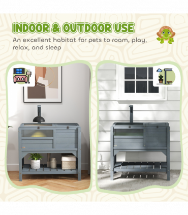 PawHut Wooden Tortoise House w/ Run, Shelter, Shelf, Lamp Holder, Grey