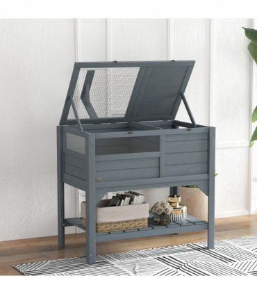 PawHut Wooden Tortoise House w/ Run, Shelter, Shelf, Lamp Holder, Grey