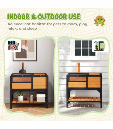 PawHut Wooden Tortoise House w/ Run, Shelter, Shelf, Lamp Holder, Yellow