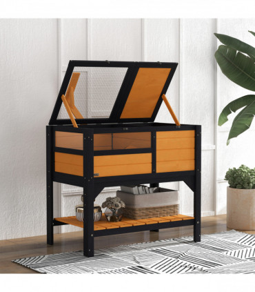 PawHut Wooden Tortoise House w/ Run, Shelter, Shelf, Lamp Holder, Yellow