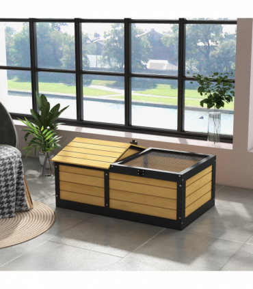 PawHut Wooden Tortoise House, Small Pet Reptile with Hide Shelter Den and Run