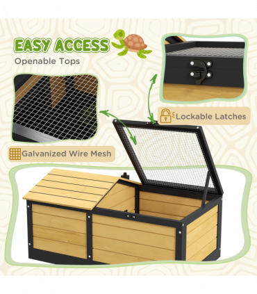 PawHut Wooden Tortoise House, Small Pet Reptile with Hide Shelter Den and Run