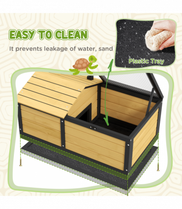 PawHut Wooden Tortoise House, Small Pet Reptile with Hide Shelter Den and Run