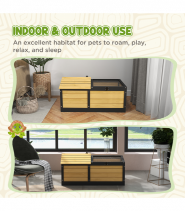 PawHut Wooden Tortoise House, Small Pet Reptile with Hide Shelter Den and Run