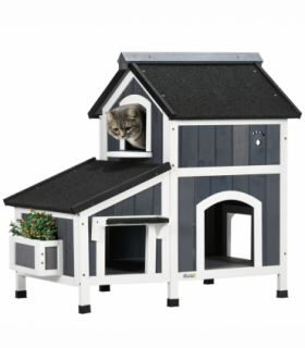 PawHut�Wooden�Cat�House�Outdoor w/ Flower Pot,�Window, Multiple�Entrances