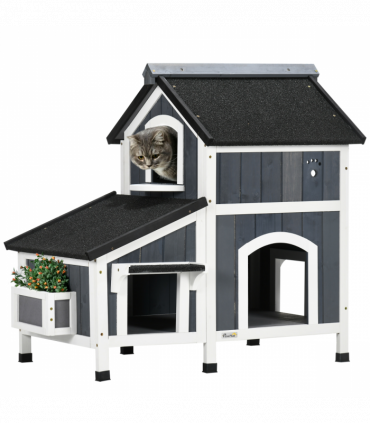 PawHut�Wooden�Cat�House�Outdoor w/ Flower Pot,�Window, Multiple�Entrances