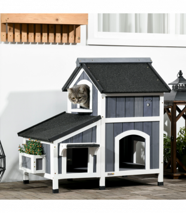 PawHut�Wooden�Cat�House�Outdoor w/ Flower Pot,�Window, Multiple�Entrances