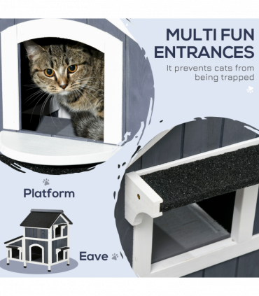 PawHut�Wooden�Cat�House�Outdoor w/ Flower Pot,�Window, Multiple�Entrances