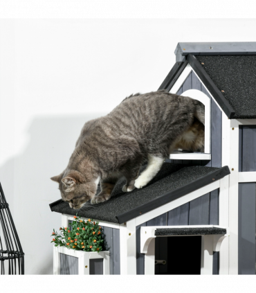 PawHut�Wooden�Cat�House�Outdoor w/ Flower Pot,�Window, Multiple�Entrances