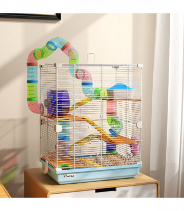 Pawhut 5 Tier Hamster Cage Carrier Habitat w/ Exercise Wheels, Light Blue