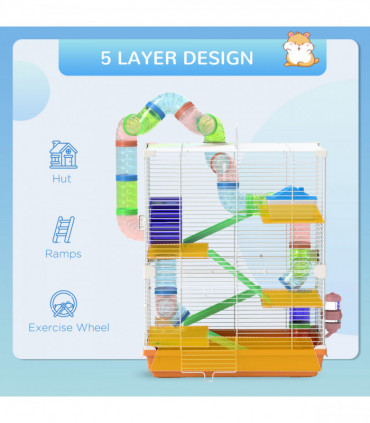 Pawhut 5 Tier Hamster Cage Carrier Habitat w/ Exercise Wheels, Orange