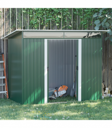Pent Roofed Metal Shed Foundation Vent 260x133x200cm Sliding Door Green