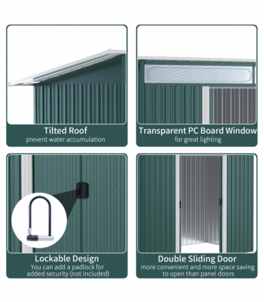 Pent Roofed Metal Shed Foundation Vent 260x133x200cm Sliding Door Green