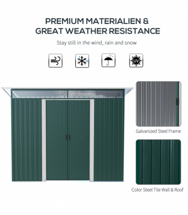 Pent Roofed Metal Shed Foundation Vent 260x133x200cm Sliding Door Green
