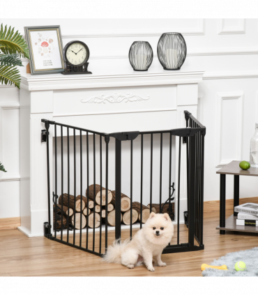 Pet Gate 3-Panel Dog Playpen for Indoor Stair Barrier W/ Walk Through Door Black