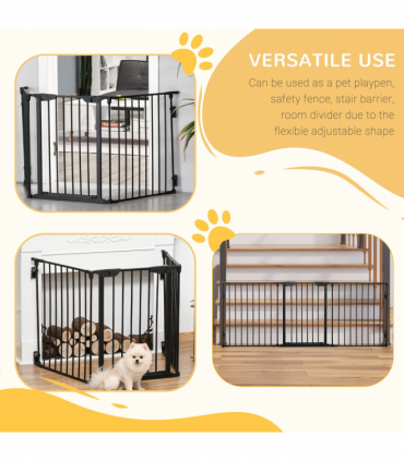 Pet Gate 3-Panel Dog Playpen for Indoor Stair Barrier W/ Walk Through Door Black