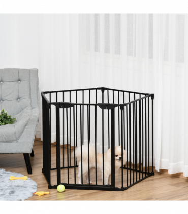 Pet Gate 5-Panel Dog Playpen for Indoor Stair Barrier W/ Walk Through Door Black