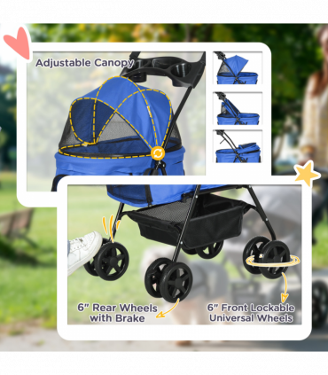 Pet Stroller  Foldable Travel Carriage with Brake Basket Adjustable Canopy