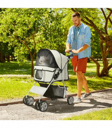 Pet Stroller Cat Dog Basket Zipper Entry Fold Cup Holder Carrier Cart Grey