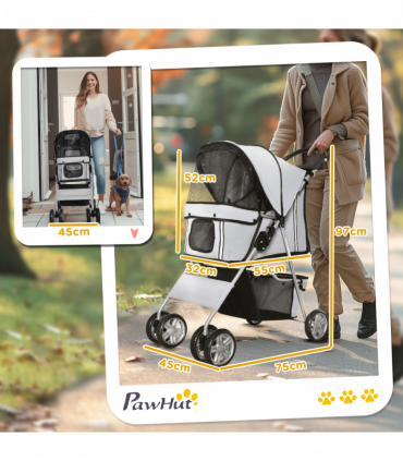 Pet Stroller Cat Dog Basket Zipper Entry Fold Cup Holder Carrier Cart Grey