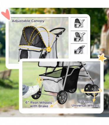 Pet Stroller Cat Dog Basket Zipper Entry Fold Cup Holder Carrier Cart Grey