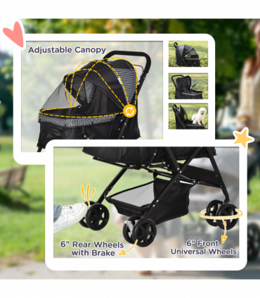 Pet Stroller Dog Foldable Travel Carriage with Reversible Handle, Black