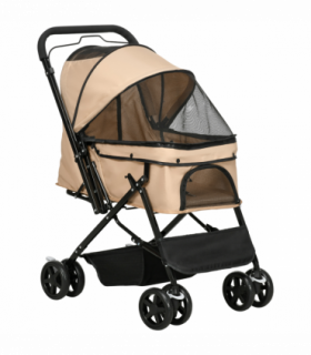 Pet Stroller Dog Foldable Travel Carriage with Reversible Handle, Brown