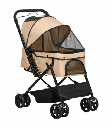 Pet Stroller Dog Foldable Travel Carriage with Reversible Handle, Brown