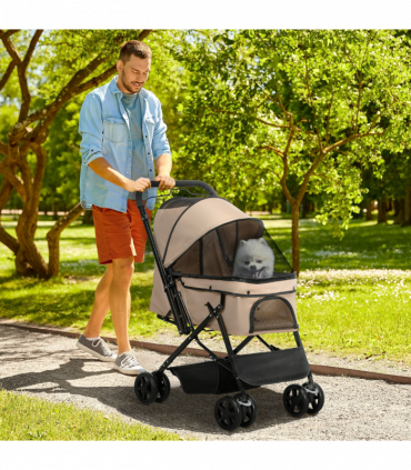 Pet Stroller Dog Foldable Travel Carriage with Reversible Handle, Brown