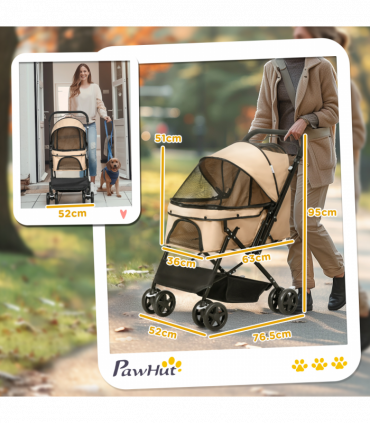 Pet Stroller Dog Foldable Travel Carriage with Reversible Handle, Brown