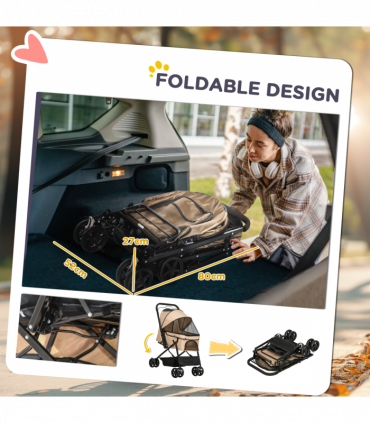 Pet Stroller Dog Foldable Travel Carriage with Reversible Handle, Brown